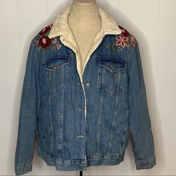 Topshop Moto Sherpa Floral Embroidered Denim Trucker Jacket Sz 10 Medium - Picture 1 of 12